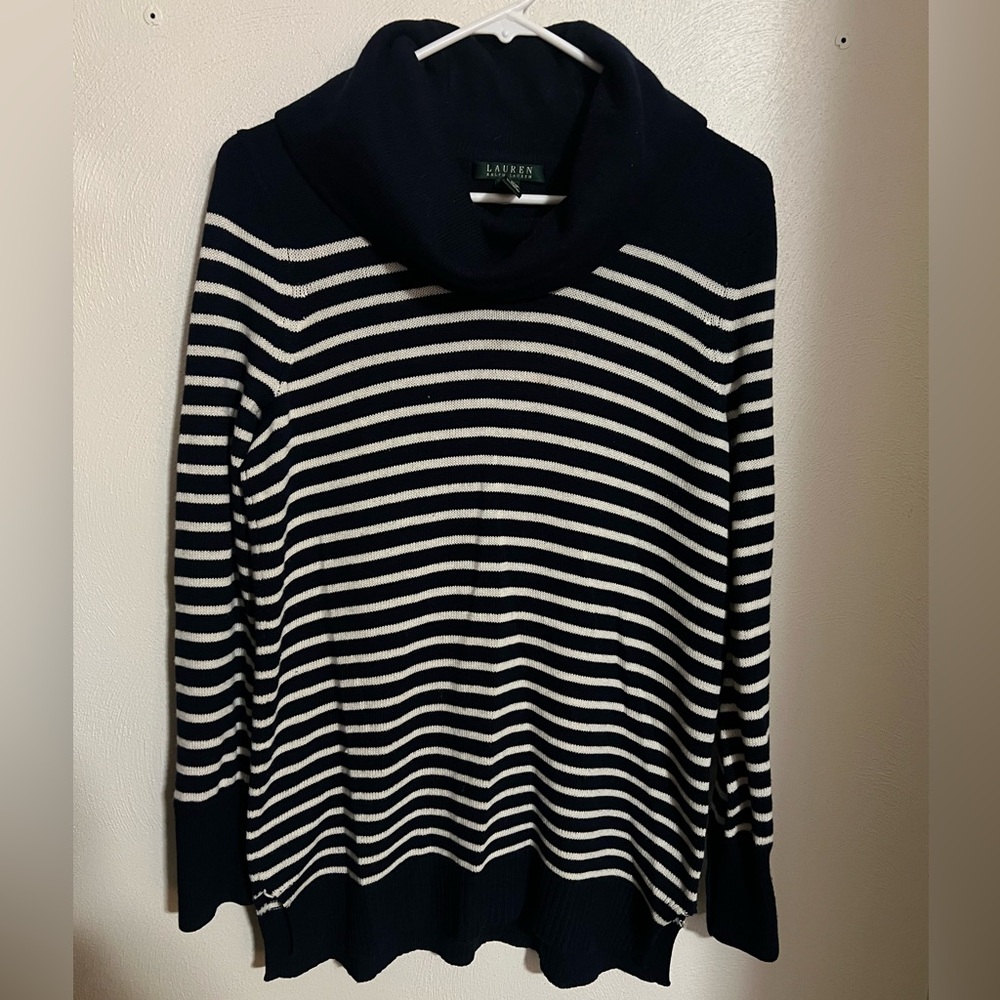RALPH LAUREN Classic Knit Cowl Neck‎ Striped Casual Sweater Blue White Women's M